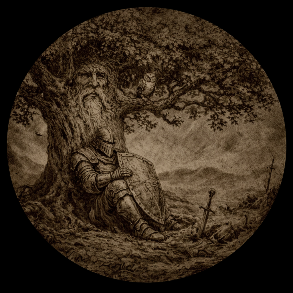 Warrior resting under a wise oak